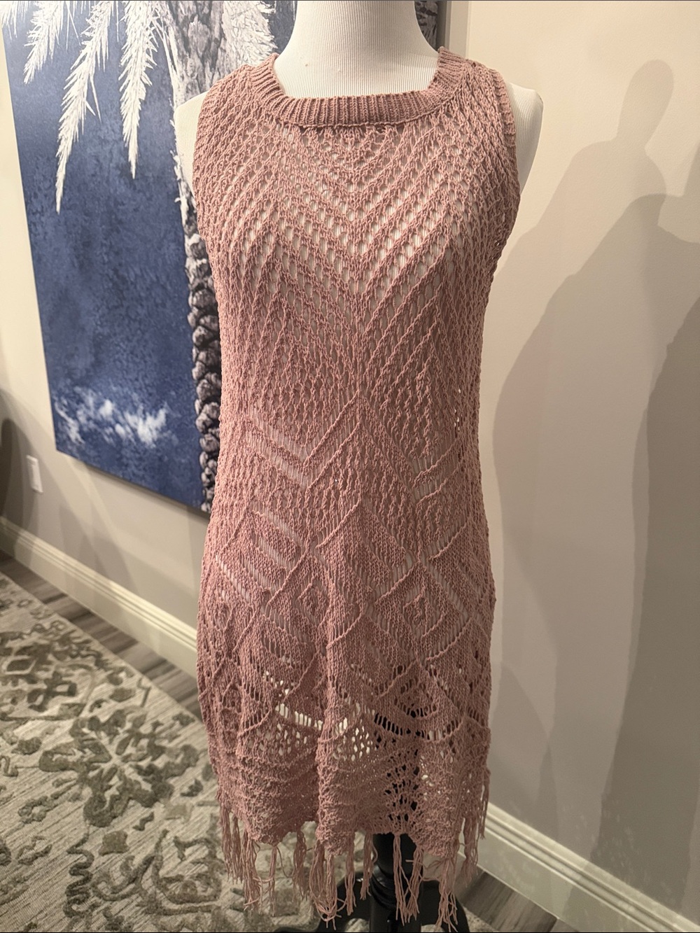 Sleeveless Open-Knit Fringe Swim Coverup in Dusty Rose